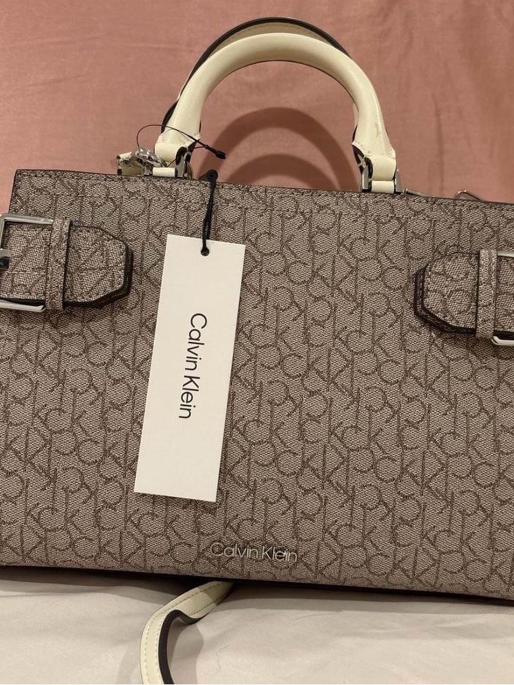 Calvin Klein Beige Monogram Satchel with Cream Handles